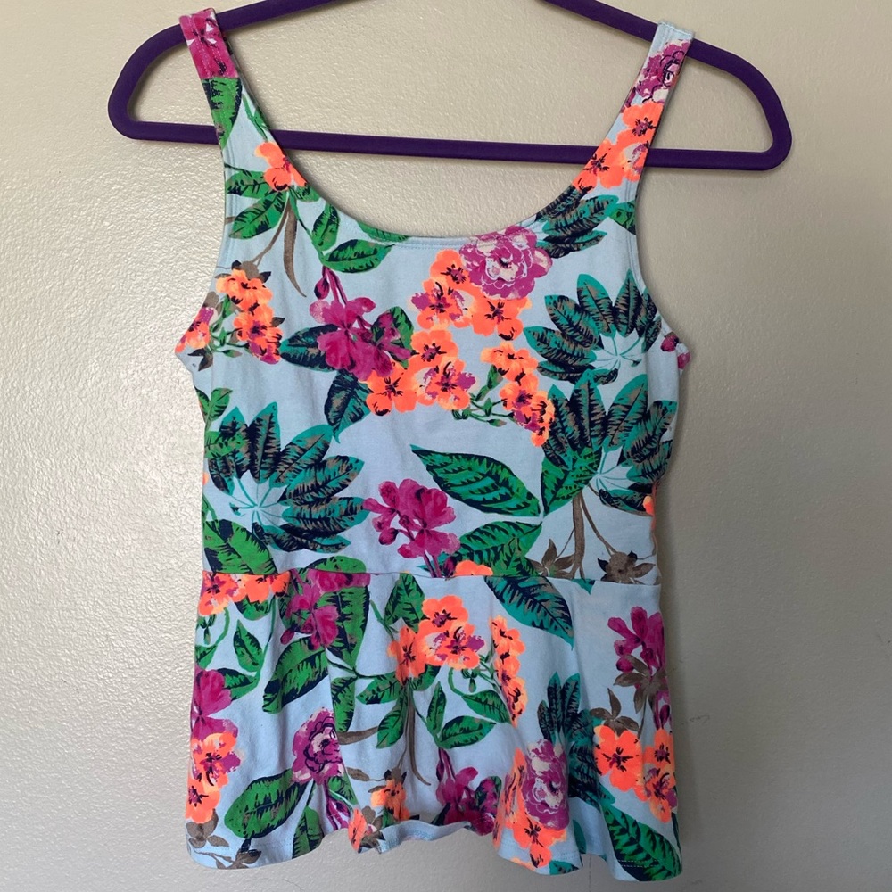 Floral Scoop Neck Tank Top in Light Blue and Neon Floral